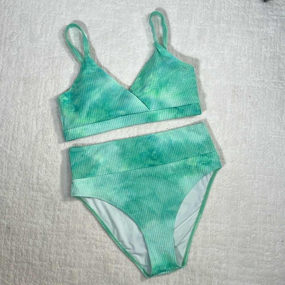 New Green turquoise tie dye 2-piece swimsuit moderate coverage 2 XL